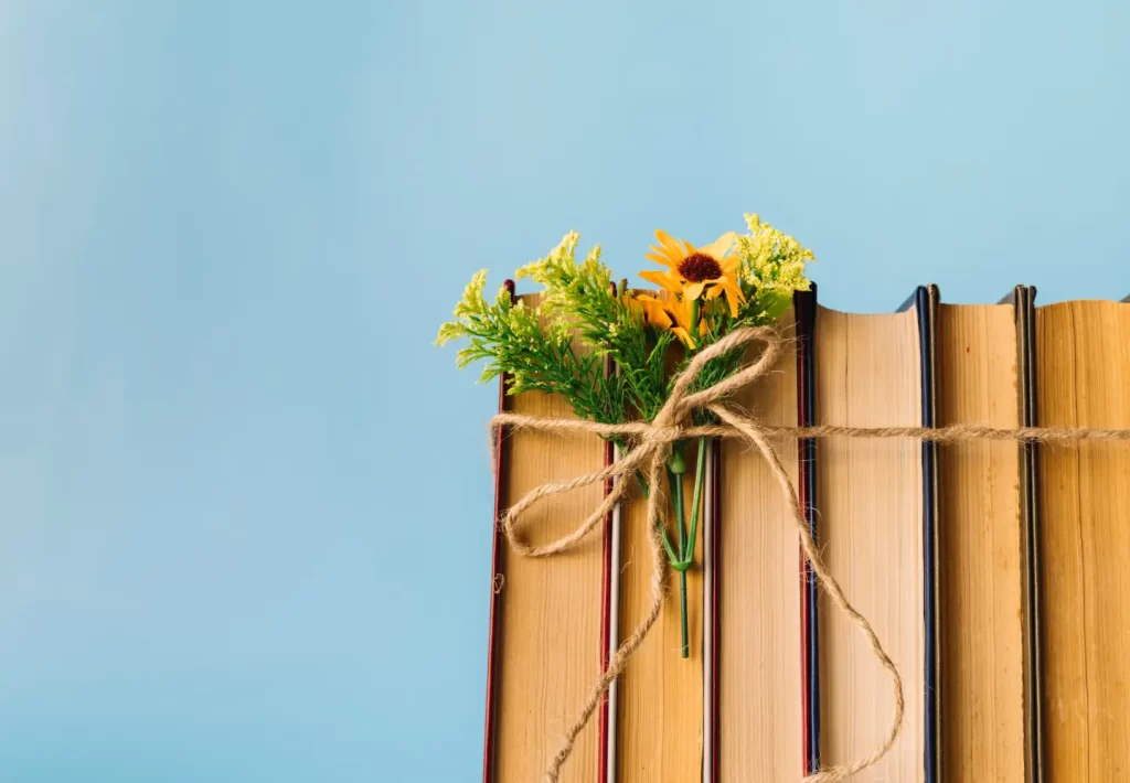 front-view-book-line-with-flowers