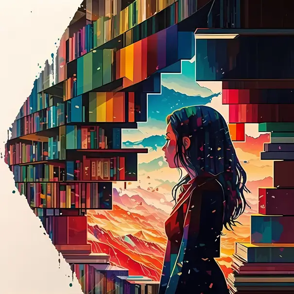 woman-standing-facing -left-in-middle-of-library